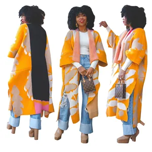 Langer Strick-Cardigan mit auffälligem orangefarbenem Muster und Color-Block-Design