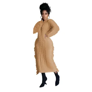 Long cable knit sweater dress with stylish fringe details for women fashion