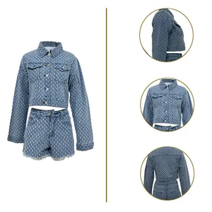 Conjunto de dos piezas de mezclilla casual para mujer con chaqueta corta y shorts