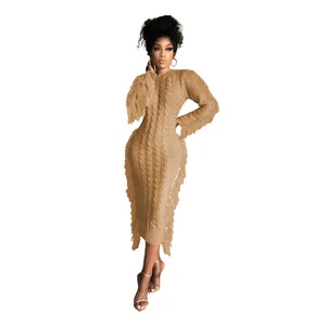 Elegant camel cable knit long-sleeved midi dress featuring stylish fringe trim detail