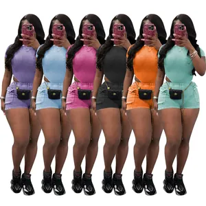 Casual two-piece ribbed knit crop top and shorts set displayed in six different vibrant colors