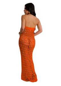 Back view of orange crochet maxi beach dress featuring sequin hollow-out detail.
