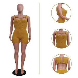 Detailed views showing texture and back of yellow sleeveless crochet knit jumpsuit