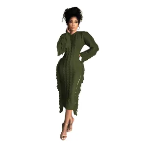 Elegant dark green cable knit maxi dress with stylish fringe side trim for women