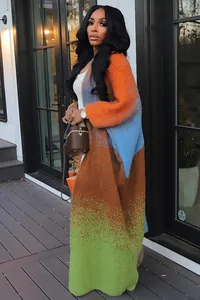 Colorful oversized long knitted cardigan with gradient orange blue green panels