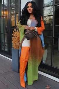 Stylish oversized multi-color knitted long cardigan for a trendy women street style look