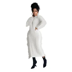 Elegant white long cable-knit sweater dress featuring stylish fringe trim and a slim fit