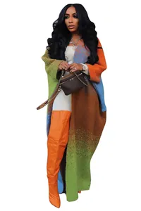 Stylish oversized color-block knit cardigan coat for women with long silhouette