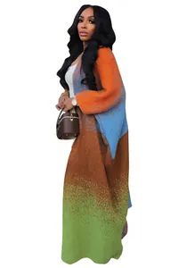 Long oversized knit cardigan with colorful ombre block pattern and soft cozy texture