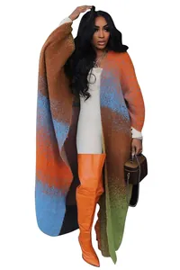 Cozy oversized knit long cardigan with vibrant color gradient pattern for women