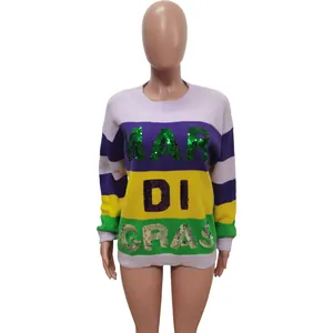 Maglione donna in maglia con paillettes Mardi Gras design color-block festivo moda