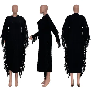 Three-way detailed view of a long black knit dress featuring elegant fringe edges