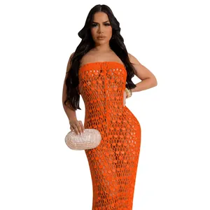 Elegant orange knit strapless sequined hollow-out beach maxi dress for summer wear