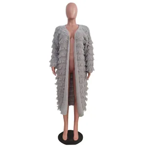 Eleganter grauer langer Strickcardigan mit Fransen für Damen