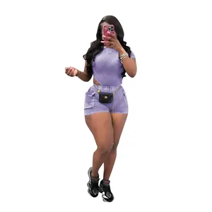 Women's casual purple washed ribbed two-piece set with crop top and cargo shorts