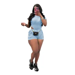 Women's light blue ribbed two-piece outfit with short sleeve crop top and shorts set.