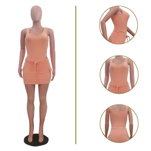 Detail view of peach ribbed two-piece set showing front, side and back angles