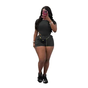 Detail view of women's black ribbed two-piece set with cargo shorts