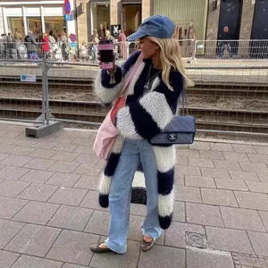 Oversized navy and white striped knit cardigan for casual street style wear