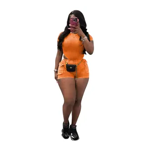 Women's casual two-piece orange ribbed bodysuit and cargo shorts set on model
