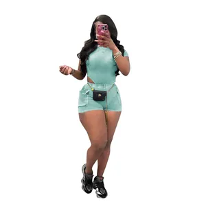 Women's mint green ribbed two-piece casual shorts set with short sleeves and cut-out detail