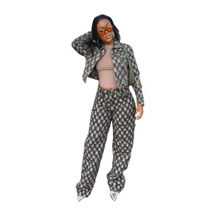 Detail of a chic two-piece checkered denim set with jacquard wash pattern for women