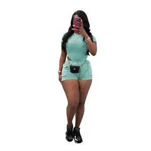 Detailed view of women's turquoise ribbed short sleeve top and shorts set