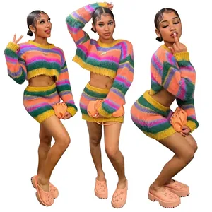 Damen Casual Regenbogen Gestreift Strick Set Top Und Unten Rundhalsausschnitt Crop Top Bodycon Minirock Langarm Outfit