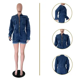 Multi-angle details of a casual long-sleeve denim romper with cargo pockets and zipper.