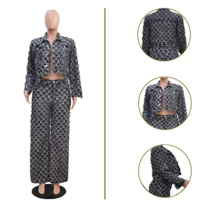 Multi-angle detail views of women's distressed grey checkered washed denim two-piece set