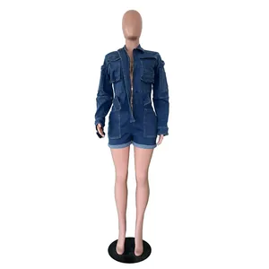Front view of casual washed denim long sleeve romper with zipper and multiple pockets