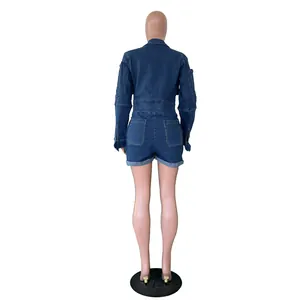 Detailed back view of a casual washed blue denim long sleeve romper jumpsuit for women