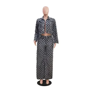 Full view of women's grey checkered jacquard washed denim jacket and pants set