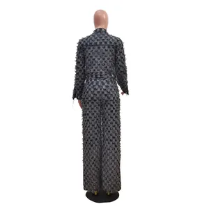 Trendy grey checkered jacquard washed denim jacket and wide-leg pants set with fringe.