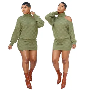 Casual olive green checkered knit dress set with turtleneck and cold shoulder details.