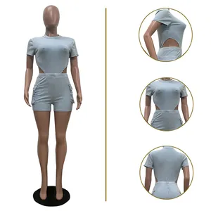 Two-piece light blue casual set with cutout bodysuit and cargo shorts on mannequin