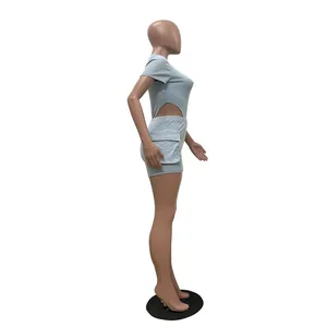 Side view of women's casual washed blue bodysuit with cutout and cargo shorts set