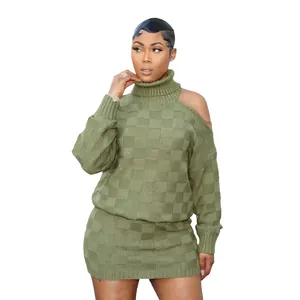 Close-up of olive green checkered knit two-piece set with cold shoulder sweater