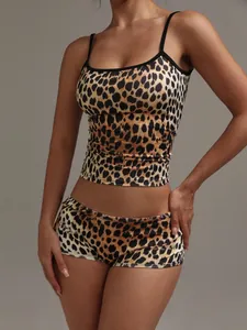 Detailed view of women's sexy leopard print camisole and shorts loungewear set