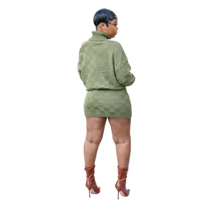 Detailed back view of women's olive green two-piece checkerboard knit skirt set
