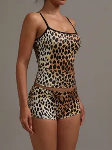 Professional side view detail of leopard print camisole and shorts loungewear set for women