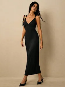 Elegant black ribbed V-neck midi bodycon cami dress with shoulder ring detail