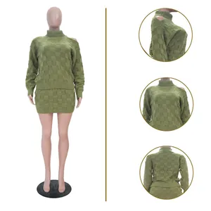Detailed views showing checkerboard texture of olive green knitted sweater and skirt set