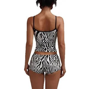 Fashionable two-piece zebra print camisole and shorts loungewear set for women back view