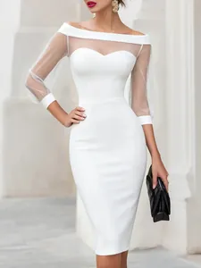 Elegant white off-shoulder bodycon midi dress featuring sheer mesh long sleeves for women