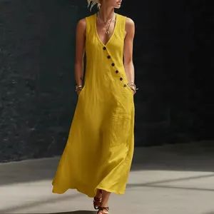 Damen Casual Baumwollleinen Maxikleid V-Ausschnitt Ärmellos Knopfdekor Lockere Passform Sommer Urlaub Strand Langes Sonnenkleid