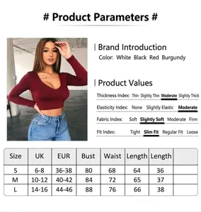 Detailed size chart and parameter guide for solid color low-cut tight long-sleeved crop top