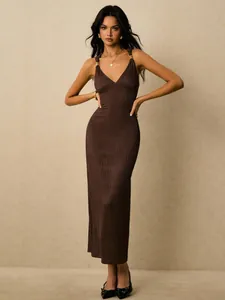 Elegant brown pleated maxi dress with a slim fit and a deep V-neckline for women