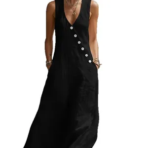 Elegantes schwarzes ärmelloses Maxikleid aus Baumwollleinen mit V-Ausschnitt und Knöpfen