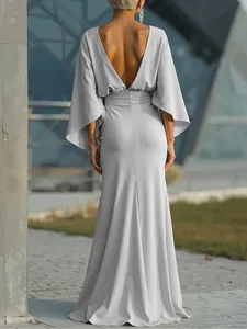 Elegant gray backless maxi dress with pleated waist and flared sleeves for women